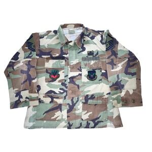 VTG USAF BDU‎ Field Jacket Woodland Camo Patches Military Tactical Coat Large